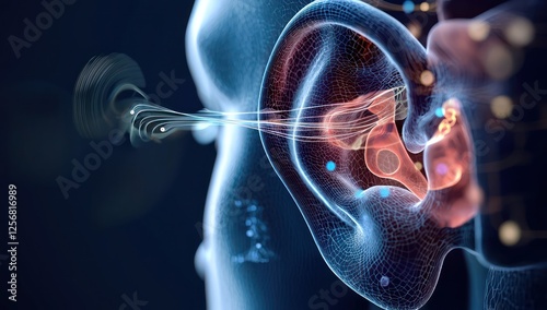 Human ear anatomy detailed, showing how sound waves are transmitted and processed.