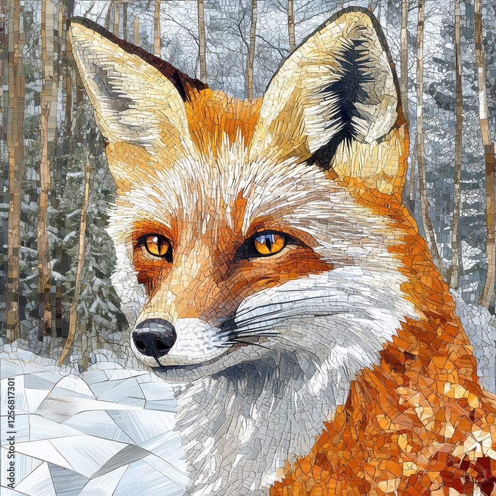 Obraz premium Mosaic fox portrait with intricate patterns set against a snowy forest background showcasing winter beauty. Generative AI