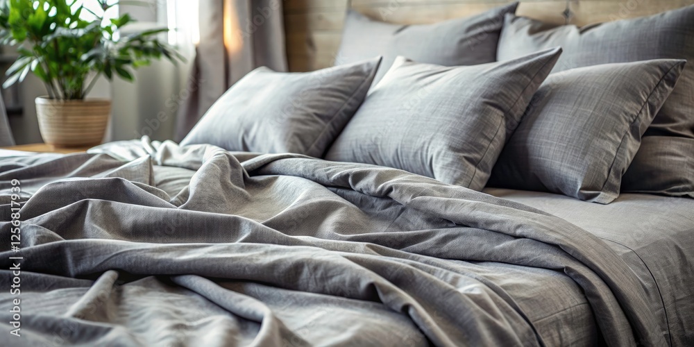 Obraz premium Gray Linen Bedding Closeup, Luxury Bedroom Texture, Wrinkled Fabric Detail, Soft Elegant Bed Linens