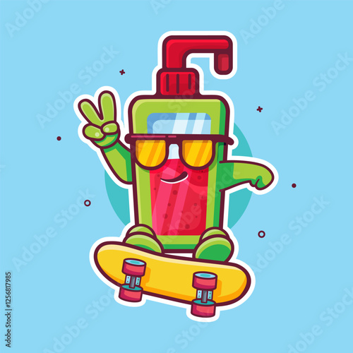 cool hand sanitizer bottle character mascot playing skateboard isolated cartoon