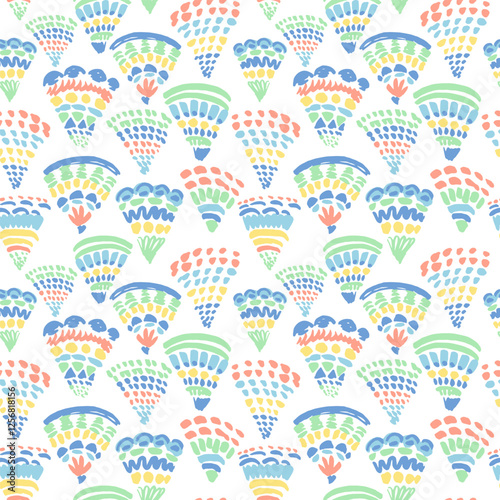 Coastal geometric vector repeat pattern with soft pastel rainbow chalky brights hand drawn scallops on white. Elegant abstract coastal, interior decor background, swimwear, beach, pool projects.