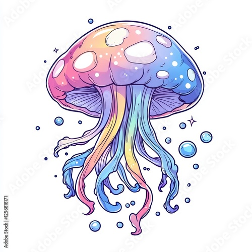 A vibrant, whimsical jellyfish with pastel colors and bubbles, showcasing a playful underwater theme. photo