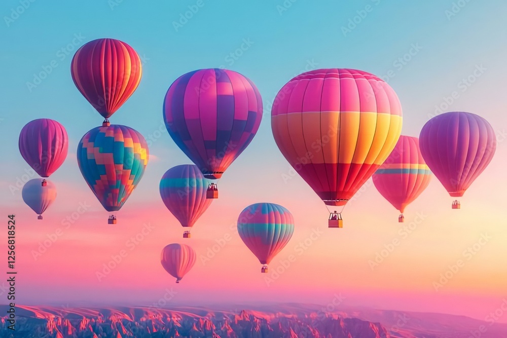 Fototapeta premium Colorful Hot Air Balloons in the Sky at Sunrise Over Mountain Range