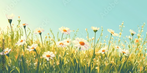 Field of daisies with blue sky in impressionistic style