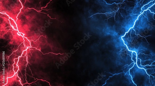 Dramatic lightning bolts in red and blue contrasting against a dark background, creating a vibrant visual effect