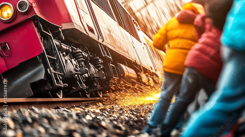 Obraz premium Vibrant scene of a train speeding past on tracks with colorful figures observing in autumn