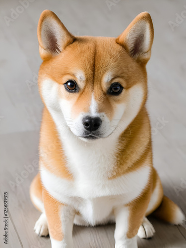 The portrait of Shiba inu dog puppy playing photo