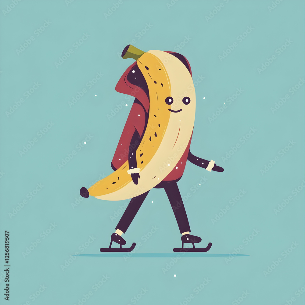 Fototapeta premium Happy banana ice skating in winter. Fun illustration for winter holidays, cards, or social media