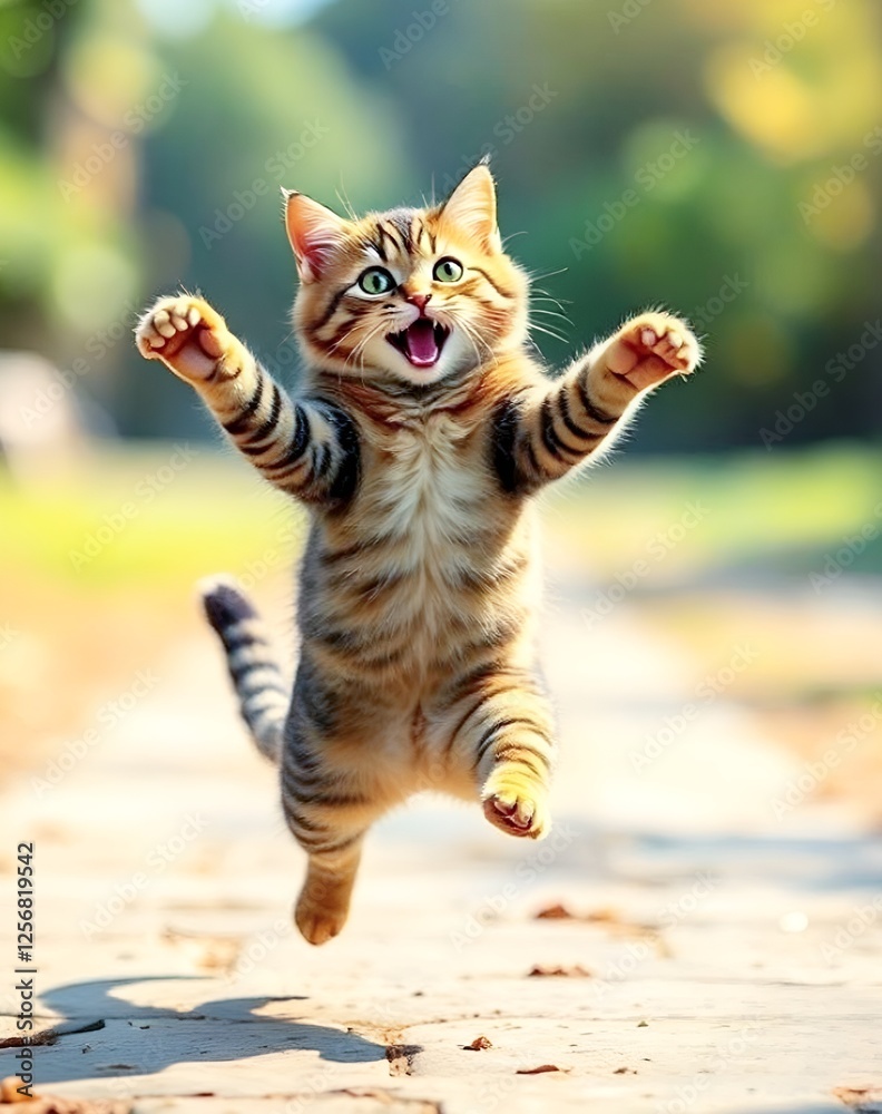 Naklejka premium A playful cat jumping joyfully in a fantasy illustration