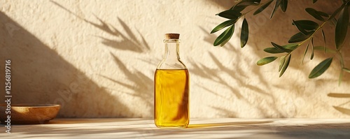 Bottle of golden olive oil casting a shadow on a table