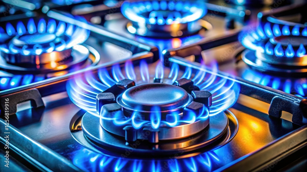 Kitchen Gas Cooker with Blue Flame Cooking in High Depth of Field, Perfect for Culinary Banners and Panoramas Featuring Modern Kitchen Appliances and Cooking Techniques Kitchen Gas Cooker with Blue Flame Cooking in High Depth of Field, Perfect for Culinary Banners and Panoramas Featuring Modern Kitchen Appliances and Cooking Techniques