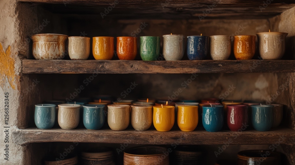 vibrant display of handcrafted ceramic mugs arranged on rustic wooden shelves vibrant display of handcrafted ceramic mugs arranged on rustic wooden shelves