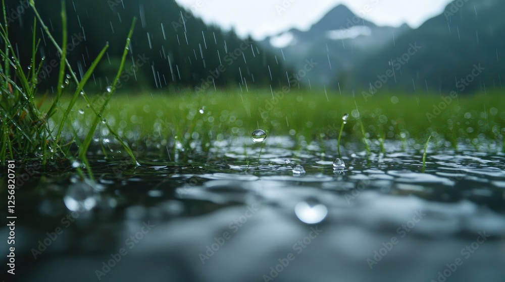 Fototapeta premium Raindrops falling on a wet puddle in a green mountain meadow during a rainy day.