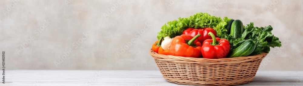 A vibrant basket filled with fresh vegetables, including tomatoes, lettuce, and cucumbers, set against a neutral background. A vibrant basket filled with fresh vegetables, including tomatoes, lettuce, and cucumbers, set against a neutral background.