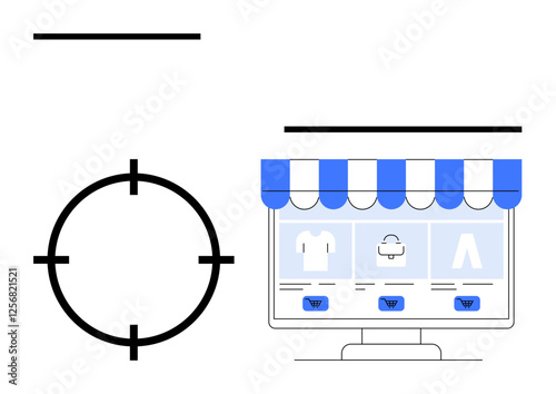 Computer monitor displaying online store, sporting goods, cart icon. Targeting crosshair to the left. Ideal for e-commerce, digital marketing, targeted ads, online shopping, business strategy