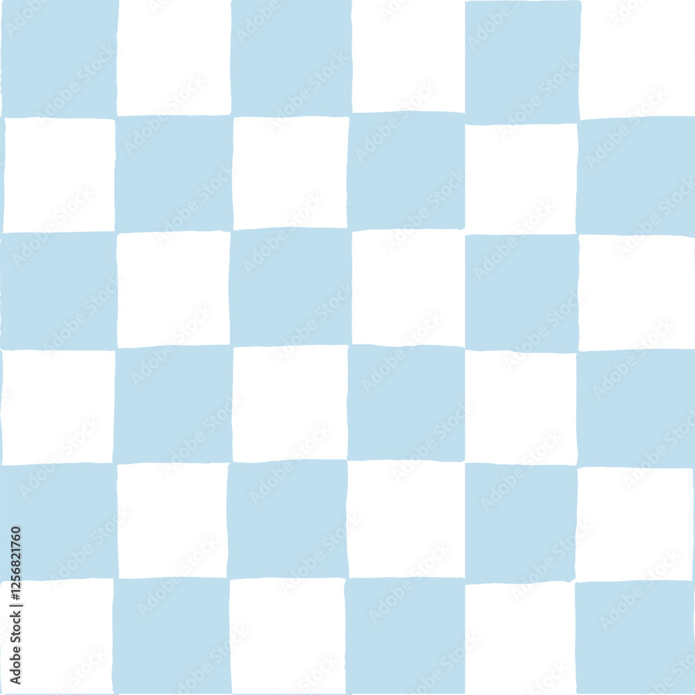 Seamless vector repeating pattern with hand drawn checkerboard in soft baby blue and white. Versatile everyday, coastal background in tonal blue for packaging, fabric, wallpaper, wrap, shabby chic.