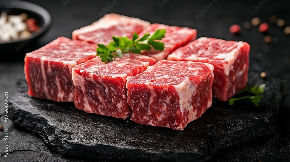 Raw Meat Piece Displayed on Elegant Black Slate Surface Highlighting Its Rich Color and Texture Creating a Visually Appealing Culinary Presentation for Gourmet Food Enthusiasts and Chefs Raw Meat Piece Displayed on Elegant Black Slate Surface Highlighting Its Rich Color and Texture Creating a Visually Appealing Culinary Presentation for Gourmet Food Enthusiasts and Chefs