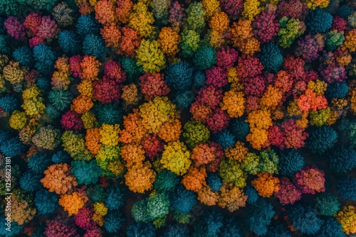 Aerial View of Colorful Autumn Foliage and Dense Forest Canopy