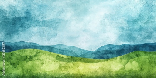 Watercolor painting depicts grassy hills under a cloudy sky