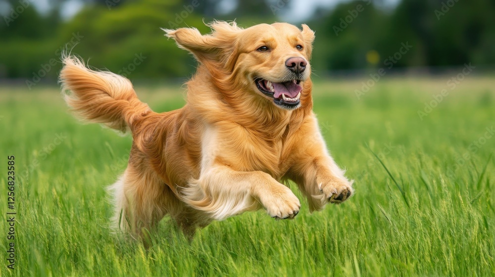 Golden retriever joyfully running through a grassy field Golden retriever joyfully running through a grassy field