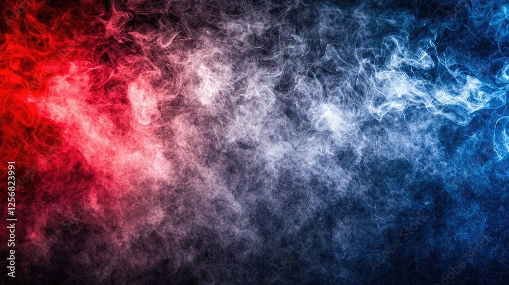 Fototapeta premium Red and blue smoke swirls, dark background, abstract art, design element
