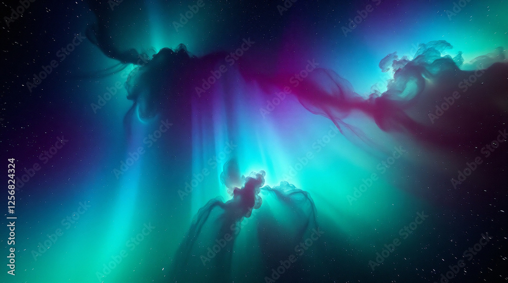 Fototapeta premium Low-angle perspective of a celestial nebula with vibrant green, purple, and blue hues, resembling aurora borealis. Bright stars in dark space, dreamy cosmic atmosphere