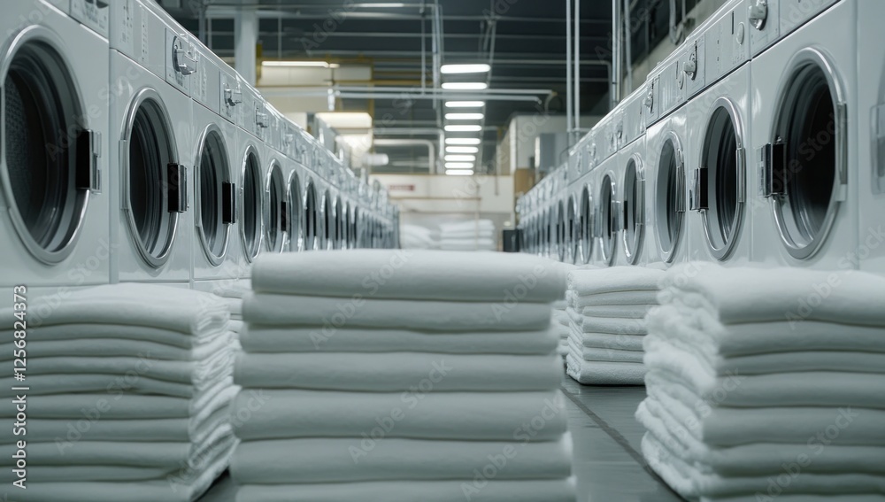 Obraz premium Industrial Laundry Facility: Rows of Washers and Stacks of Clean Linens