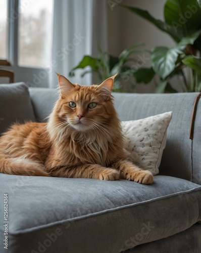 Orange-haired cat sitting on sofa at home. Comfort home zone in living room.