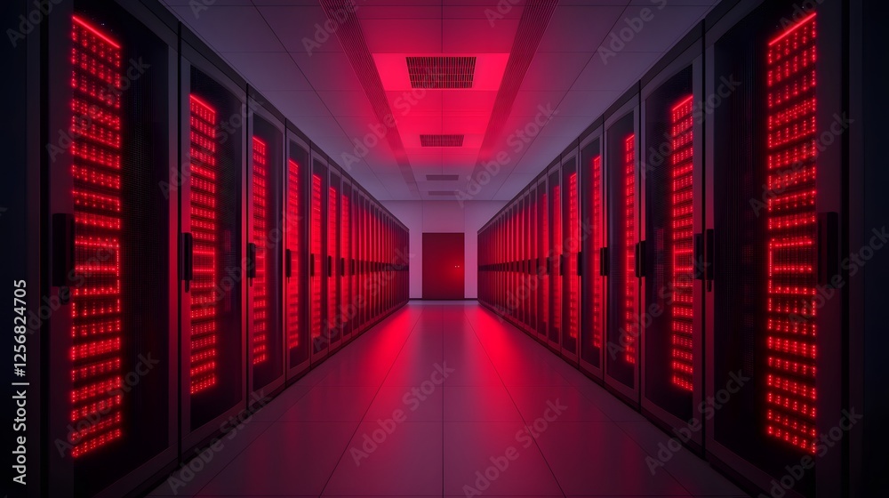 Fototapeta premium Illuminated Red Lights in a High-Tech Data Center Showcasing Advanced Supercomputer Systems. Peak Energy, Demand, Technology Concept