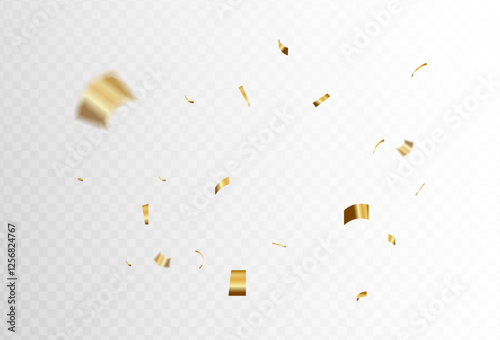 Confetti explosion on transparent background. Shiny golden paper pieces flying and spreading. small and big ribbons. simple design. illustration	
