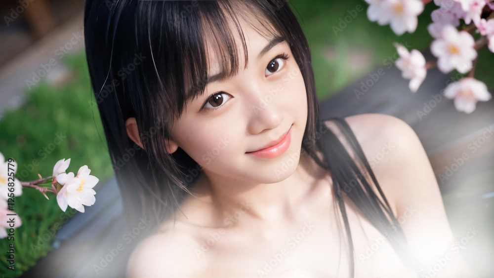桜の咲く温泉露天風呂に入浴中の若い女性 桜の咲く温泉露天風呂に入浴中の若い女性