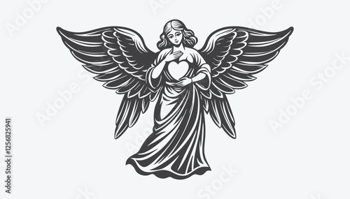 Majestic Angel Heart Silhouette Vector Art Divine Winged Figure with Sacred Heart Design