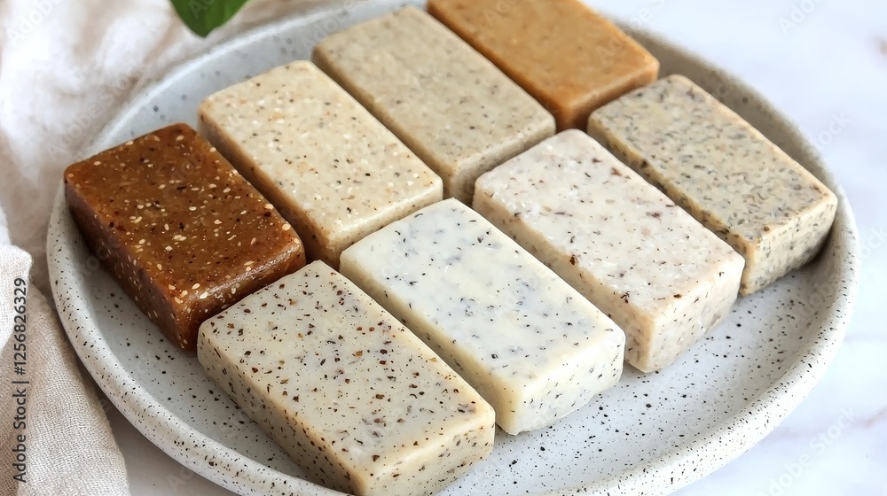 Artisan handmade soaps, various natural colors and scents, arranged on a speckled plate. A perfect image for beauty, spa, or wellness. Artisan handmade soaps, various natural colors and scents, arranged on a speckled plate. A perfect image for beauty, spa, or wellness.