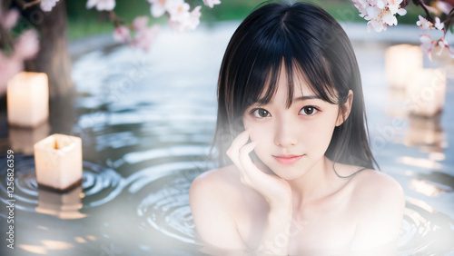 桜の咲く温泉露天風呂に入浴中の若い女性