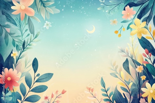 Watercolor floral frame with pastel sky and crescent moon