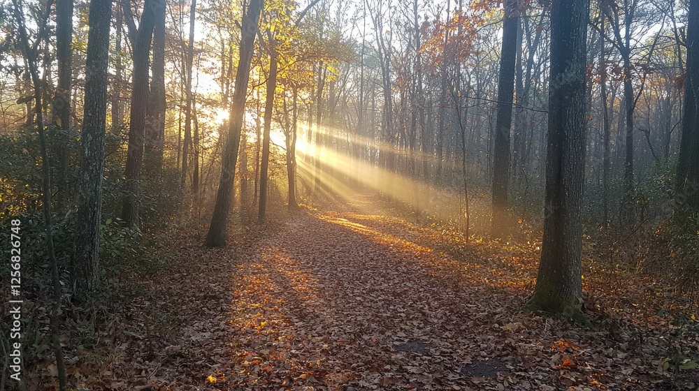 Obraz premium Golden Sun Rays Piercing Through Treetops and Casting Light
