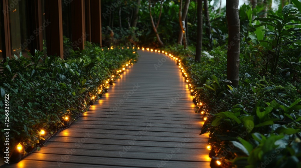 A romantic walkway lined with warm-toned lights, creating a serene and inviting ambiance at night.