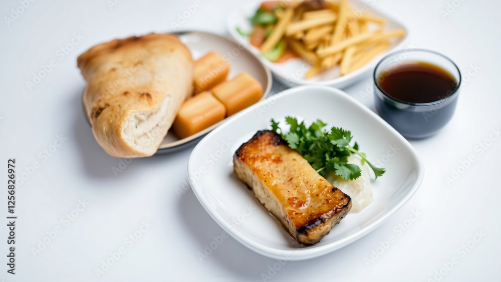 Gourmet Meal Grilled Fish, Fried Potatoes, Bread, and Tea Gourmet Meal Grilled Fish, Fried Potatoes, Bread, and Tea