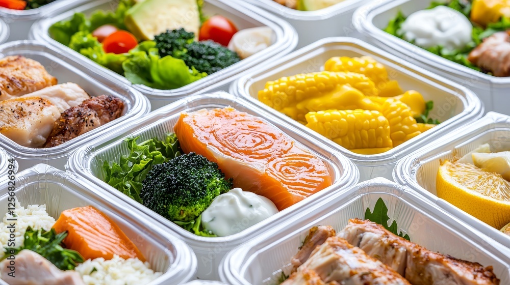 Healthy meal prep: grilled fish, broccoli, corn, rice, and salad in individual containers for a balanced diet. Healthy meal prep: grilled fish, broccoli, corn, rice, and salad in individual containers for a balanced diet.