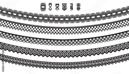 A set of six narrow black lace trims.