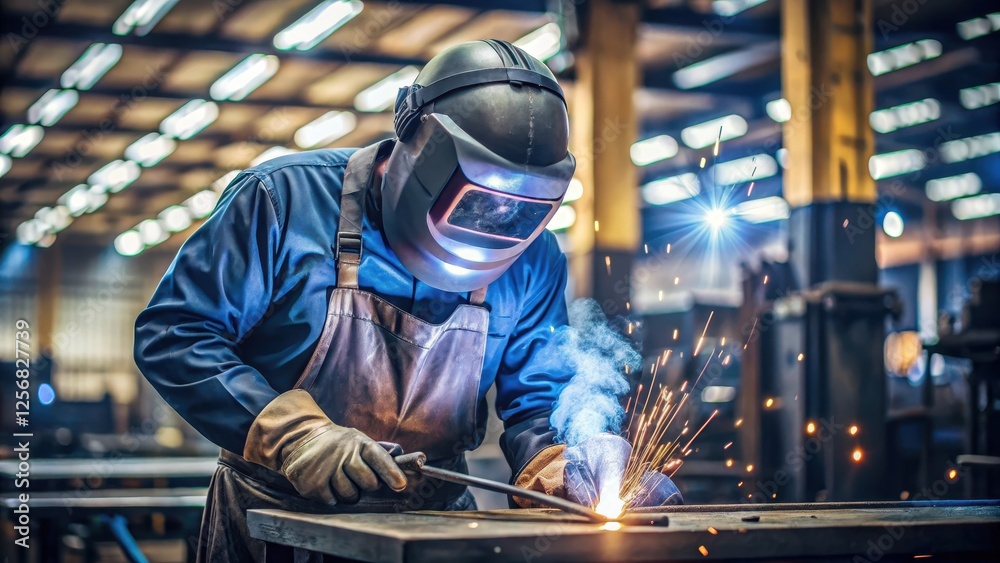 A welder wearing a welding mask and gloves in a workshop, industry, workshop, industry A welder wearing a welding mask and gloves in a workshop, industry, workshop, industry
