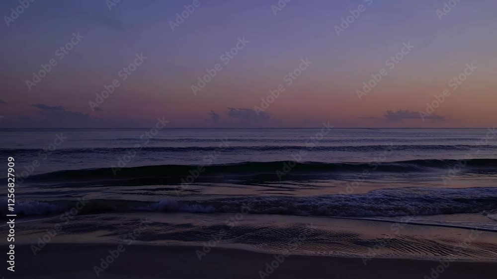 A serene beach sunset with gentle waves, captured from a low-angle perspective, highlighting silhouettes of palm trees. Video. A serene beach sunset with gentle waves, captured from a low-angle perspective, highlighting silhouettes of palm trees. Video.
