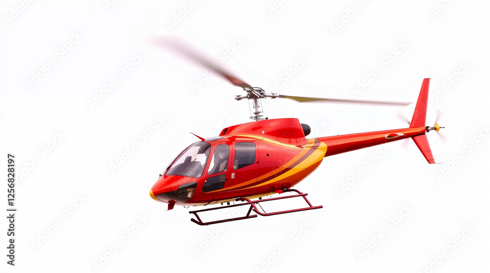 Red helicopter flying with rotating blades on white background Red helicopter flying with rotating blades on white background
