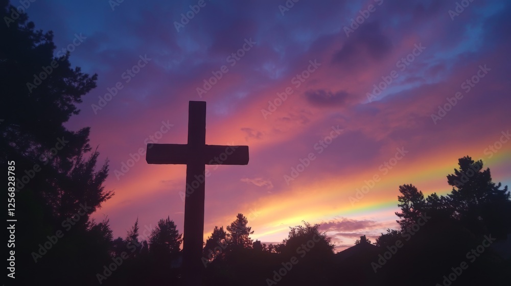 Majestic Cross at Sunset with a Rainbow: A Moment of Spiritual Reflection Majestic Cross at Sunset with a Rainbow: A Moment of Spiritual Reflection