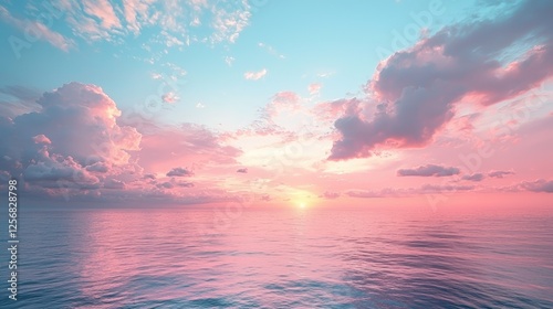 Serene sunset over calm ocean waters with pastel clouds reflecting vibrant colors