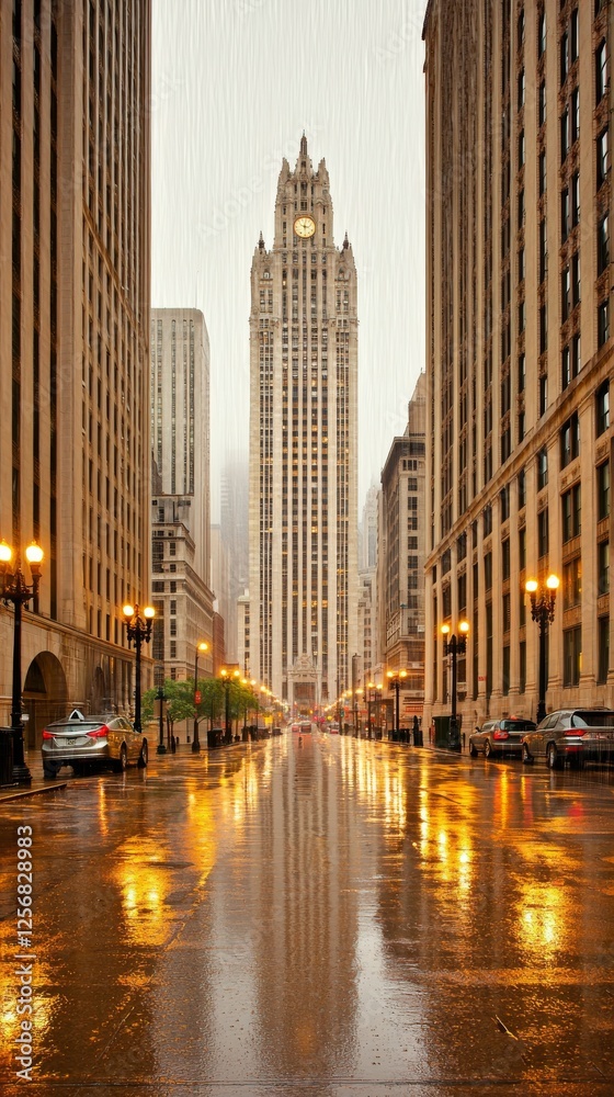 Naklejka premium Rainy city street scene with tall buildings and reflections in wet pavement, showcasing urban architecture during a downpour.
