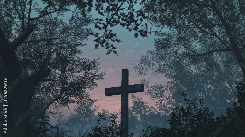 Silent Forest Cross at Dusk: A Spiritual Landscape Silent Forest Cross at Dusk: A Spiritual Landscape