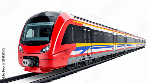 Modern red commuter train moving on railway track