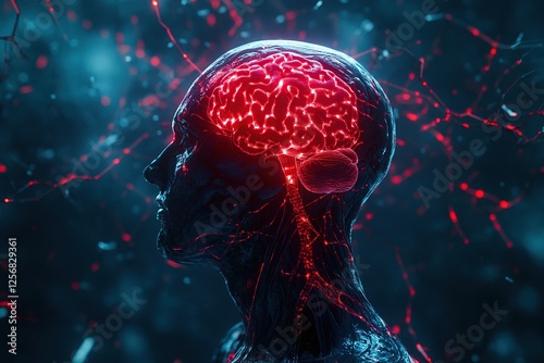 Human Brain: Neural Network Activity Visualization, Illuminated Pathways of Cognitive Processes and Neurological Functions.