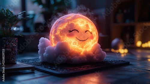 A whimsical glowing sun character surrounded by fluffy clouds in a cozy indoor setting
